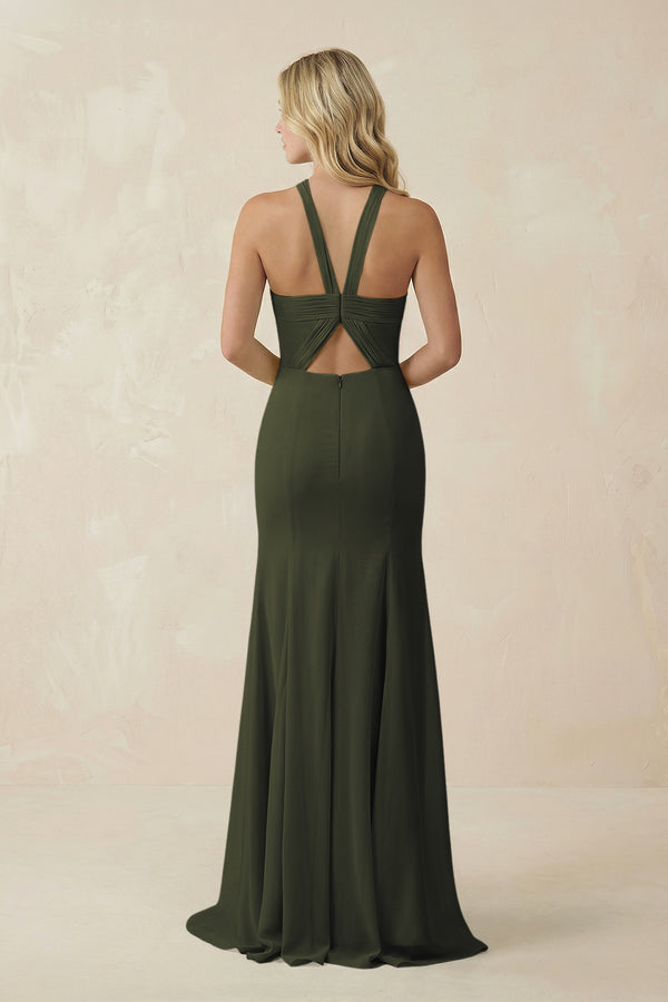 Olive Halter Chiffon Mermaid Ruched Bridesmaid Dress (2) | KISSBRIDAL