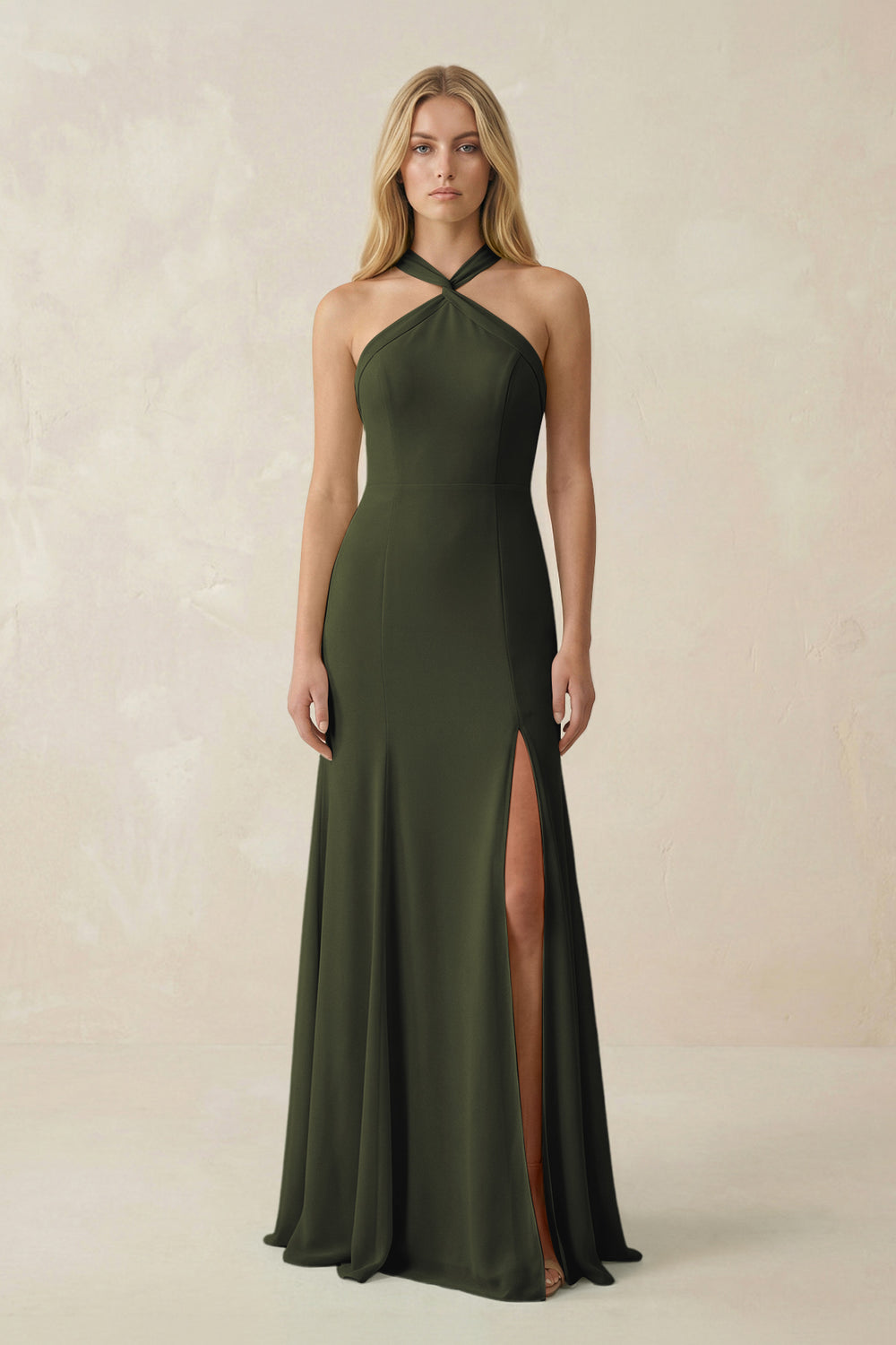 Halter Chiffon Mermaid Ruched Bridesmaid Dress in Olive