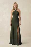 Olive Halter Chiffon Mermaid Ruched Bridesmaid Dress | KISSBRIDAL