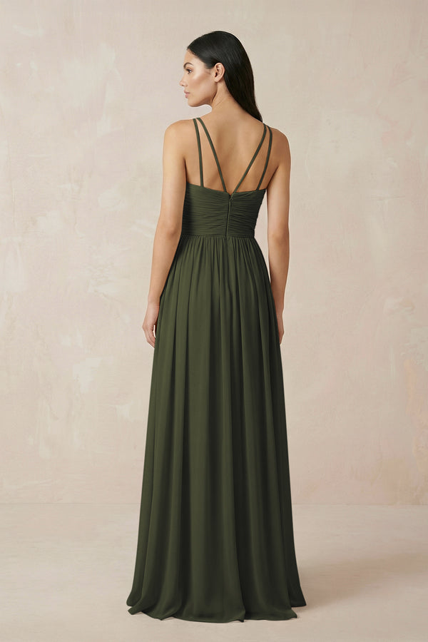 Olive Halter Neck A-Line Chiffon Bridesmaid Dress (2) | KISSBRIDAL