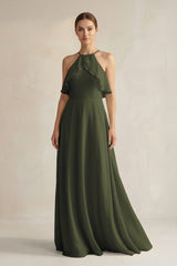 Olive Halter Neck A-Line Chiffon Bridesmaid Dress with Keyhole | KISSBRIDAL
