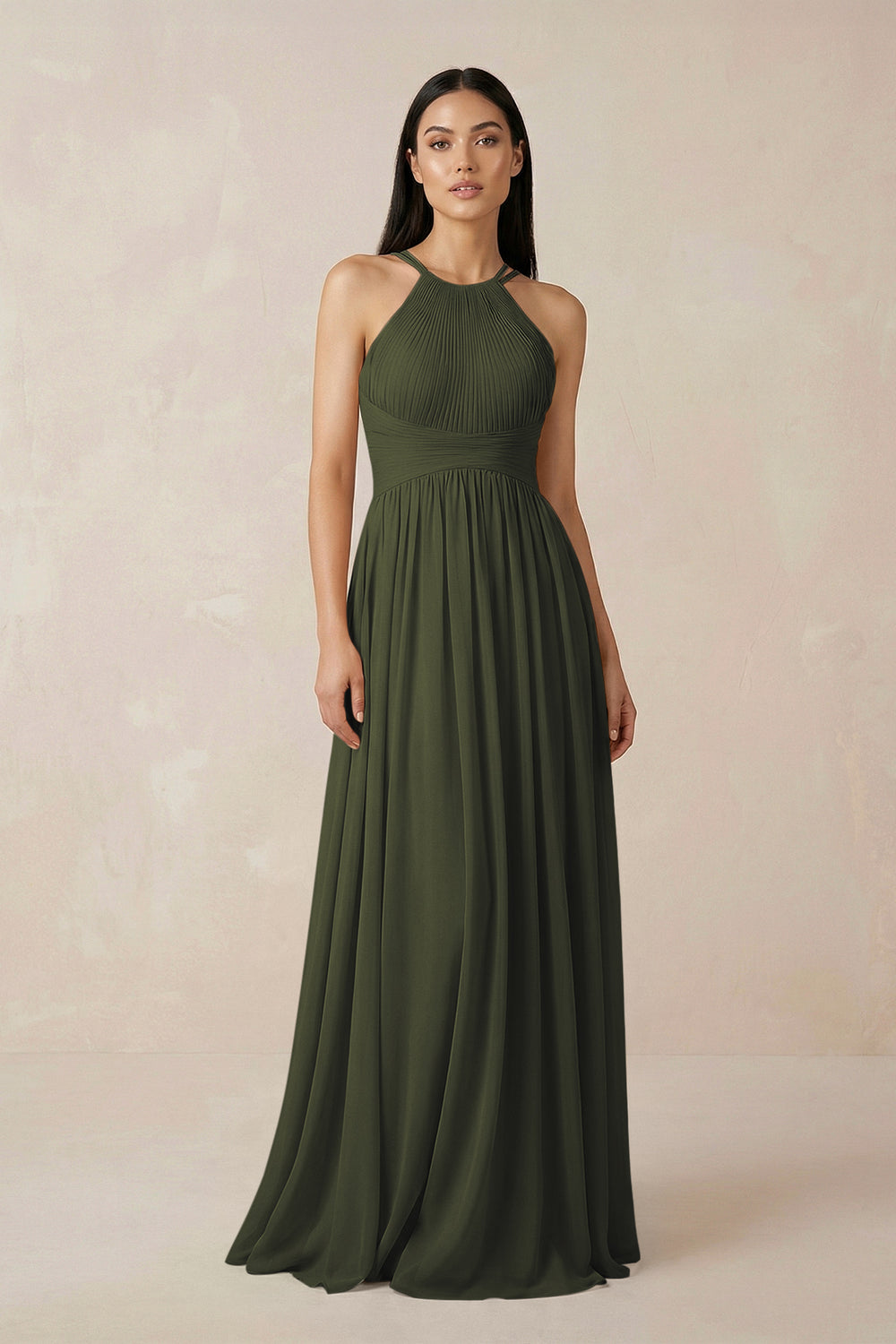 Halter Neck A-Line Chiffon Bridesmaid Dress in Olive