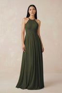 Olive Halter Neck A-Line Chiffon Bridesmaid Dress | KISSBRIDAL