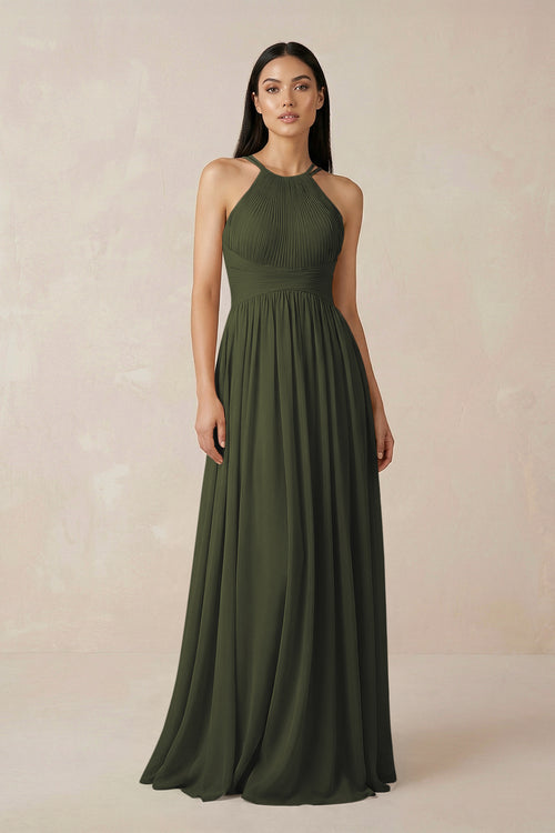 Olive Halter Neck A-Line Chiffon Bridesmaid Dress | KISSBRIDAL