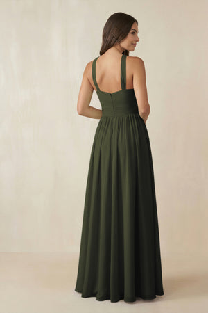 Olive Halter Neck Ruched A-Line Chiffon Bridesmaid Dress (2) | KISSBRIDAL