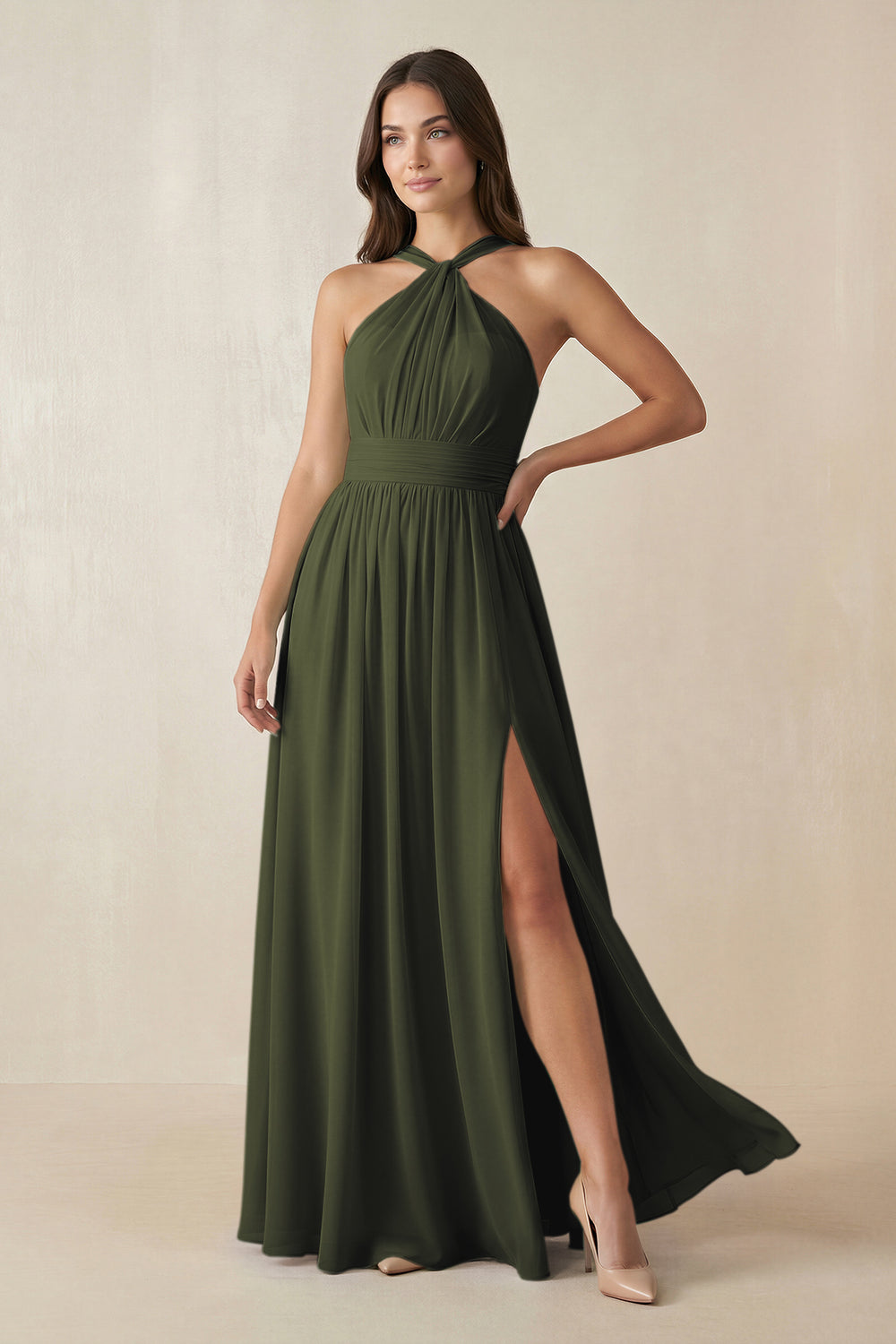 Halter Neck Ruched A-Line Chiffon Bridesmaid Dress in Olive