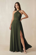 Olive Halter Neck Ruched A-Line Chiffon Bridesmaid Dress | KISSBRIDAL