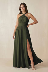 Olive Halter Neck Ruched A-Line Chiffon Bridesmaid Dress | KISSBRIDAL