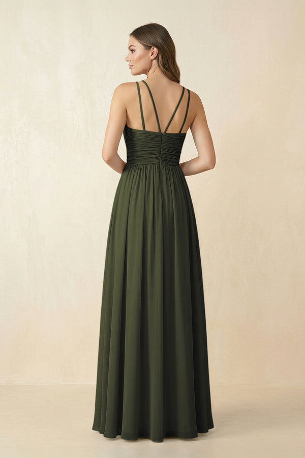 Olive Halter Pleated A-Line Chiffon Bridesmaid Dress (2) | KISSBRIDAL