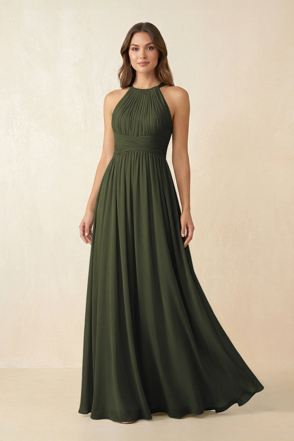 Halter Pleated A-Line Chiffon Bridesmaid Dress in Olive