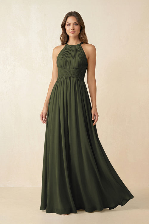 Olive Halter Pleated A-Line Chiffon Bridesmaid Dress | KISSBRIDAL