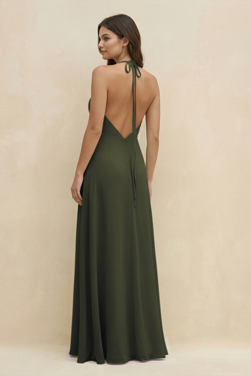 Halter Sheath Long Chiffon Bridesmaid Dress in Olive