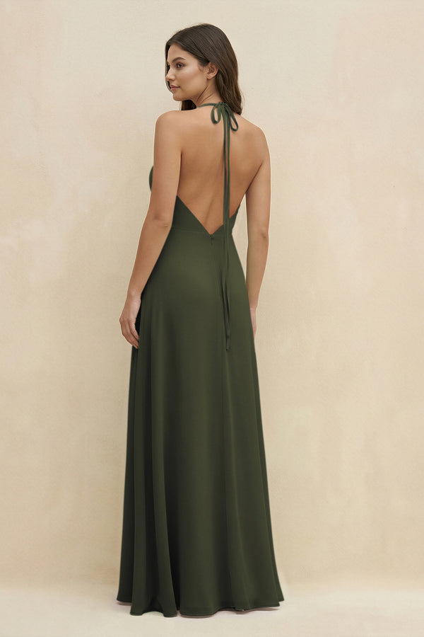 Olive Halter Sheath Long Chiffon Bridesmaid Dress (2) | KISSBRIDAL