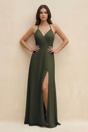 Olive Halter Sheath Long Chiffon Bridesmaid Dress | KISSBRIDAL