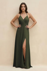 Olive Halter Sheath Long Chiffon Bridesmaid Dress | KISSBRIDAL