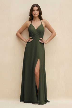 Olive Halter Sheath Long Chiffon Bridesmaid Dress | KISSBRIDAL