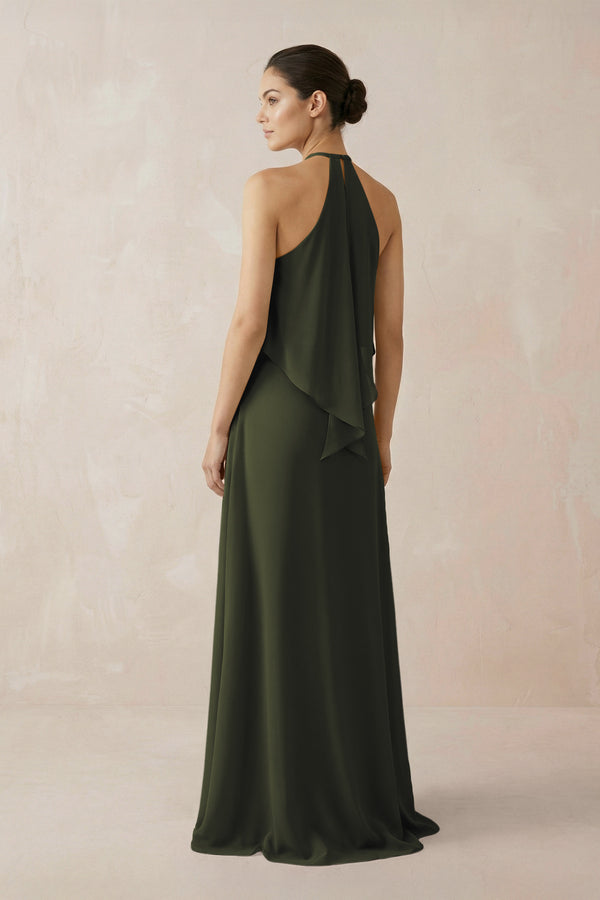 Olive Halter Sheath Ruffled Chiffon Bridesmaid Dress (2) | KISSBRIDAL
