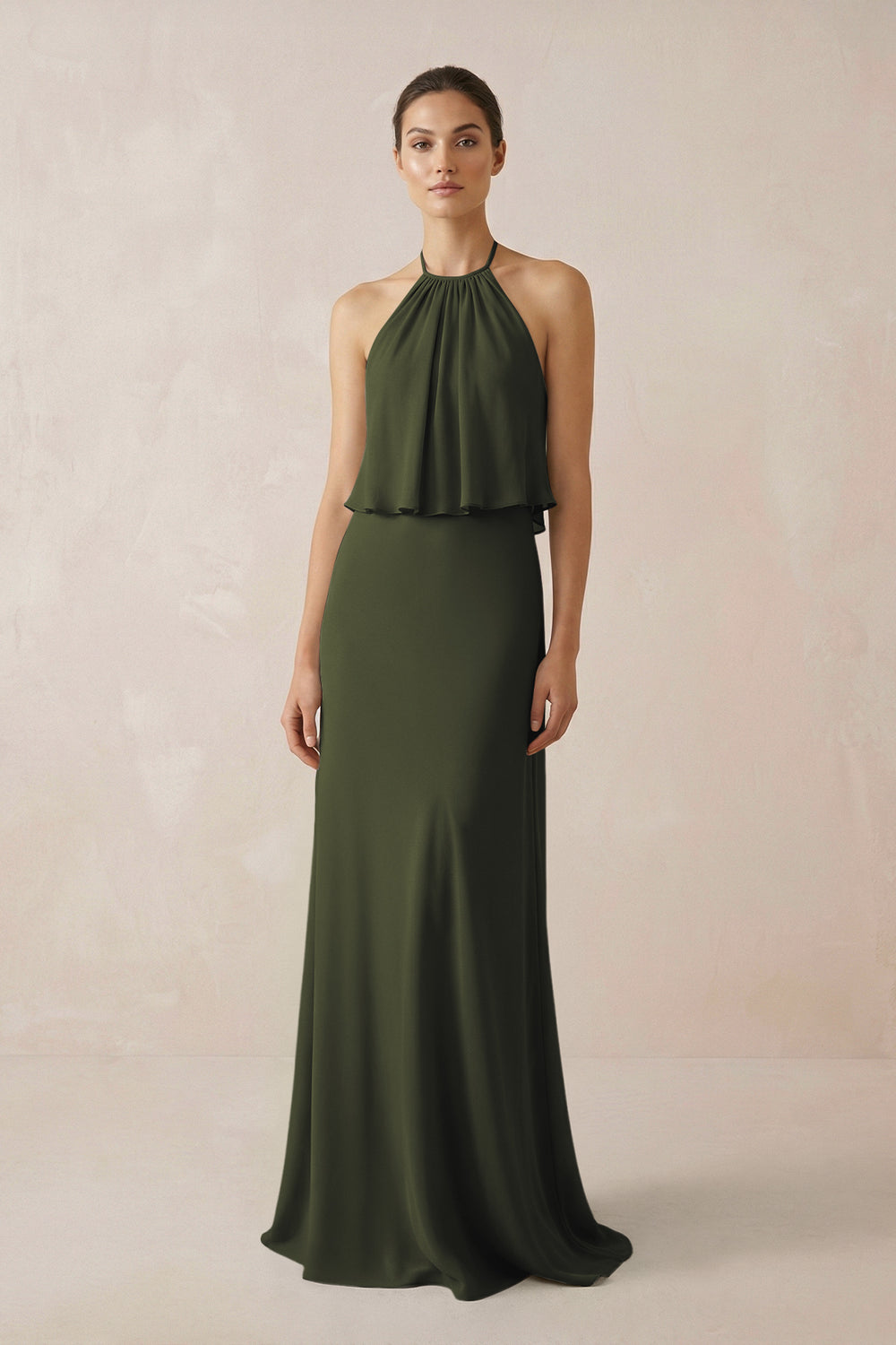 Halter Sheath Ruffled Chiffon Bridesmaid Dress in Olive