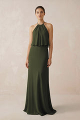 Olive Halter Sheath Ruffled Chiffon Bridesmaid Dress | KISSBRIDAL