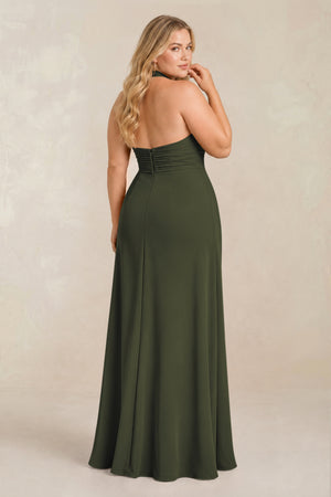 Olive High Neck Chiffon Sheath Ruched Bridesmaid Dress (2) [sizeplus] | KISSBRIDAL