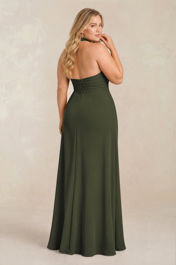 Olive High Neck Chiffon Sheath Ruched Bridesmaid Dress (2) [sizeplus] | KISSBRIDAL
