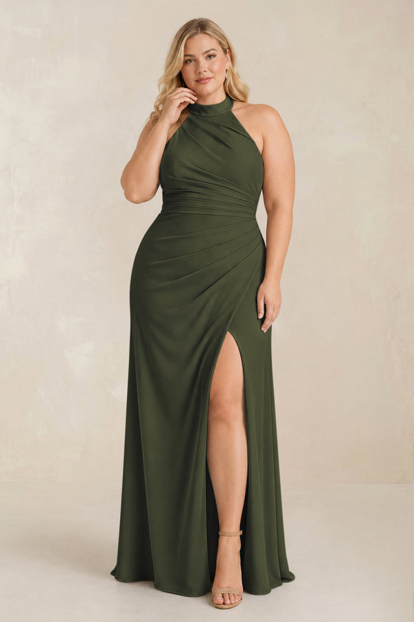 Olive High Neck Chiffon Sheath Ruched Bridesmaid Dress [sizeplus] | KISSBRIDAL