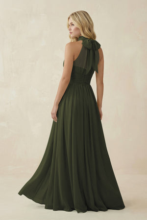 Olive Illusion Halter A-Line Chiffon Bridesmaid Gown (2) | KISSBRIDAL