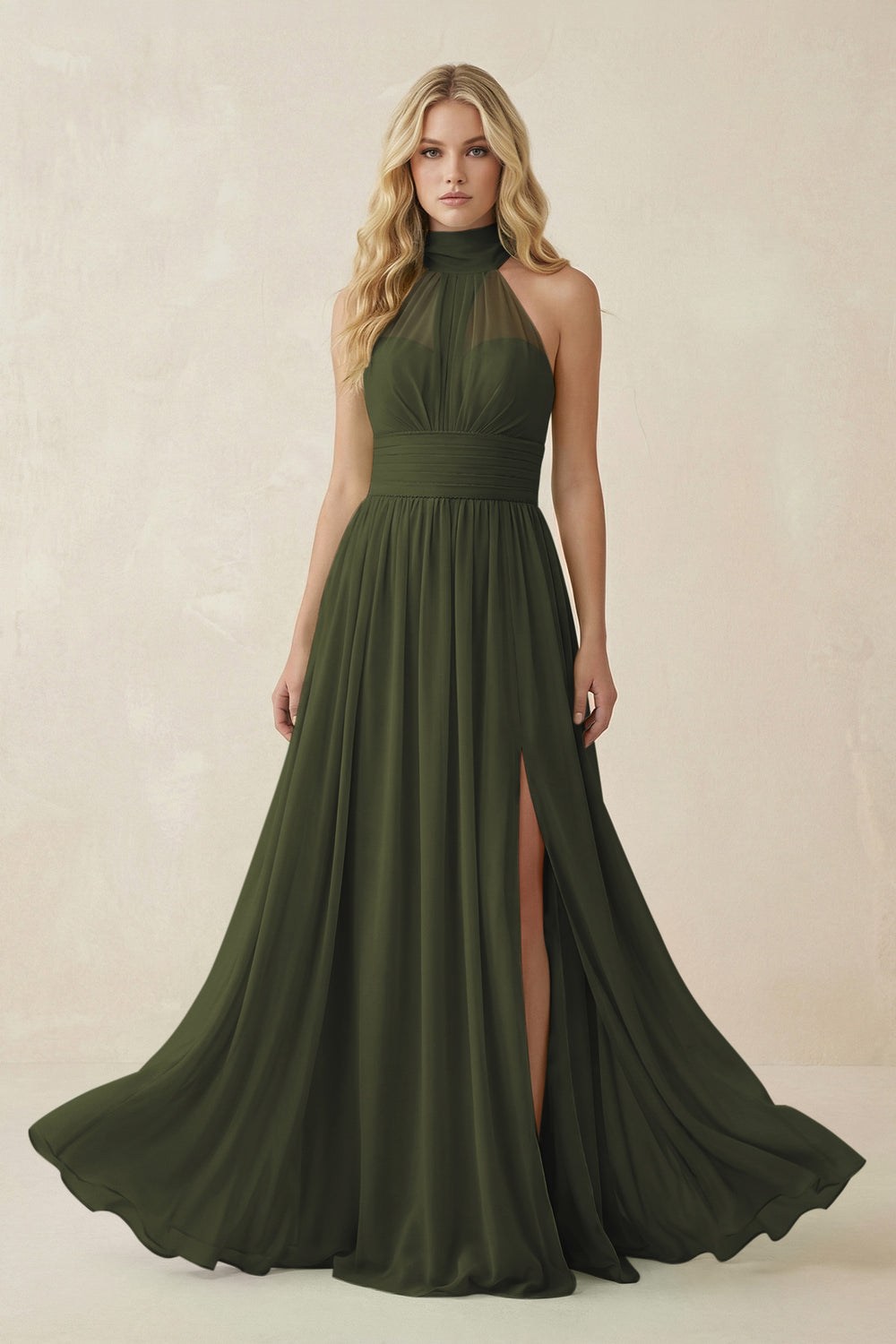 Illusion Halter A-Line Chiffon Bridesmaid Gown in Olive