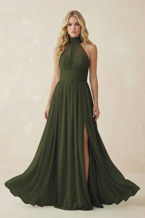 Olive Illusion Halter A-Line Chiffon Bridesmaid Gown | KISSBRIDAL
