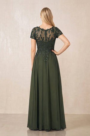 Olive Illusion Neck A-Line Chiffon Cap Sleeves Mother of the Bride Dress (2) | KISSBRIDAL