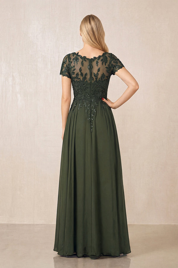 Olive Illusion Neck A-Line Chiffon Cap Sleeves Mother of the Bride Dress (2) | KISSBRIDAL