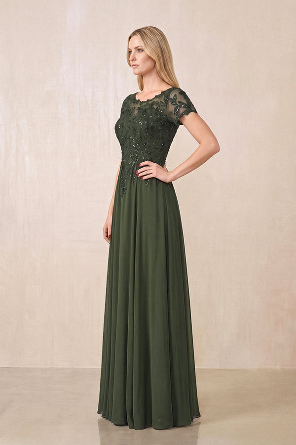 Olive Illusion Neck A-Line Chiffon Cap Sleeves Mother of the Bride Dress (3) | KISSBRIDAL