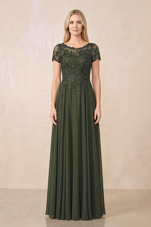 Olive Illusion Neck A-Line Chiffon Cap Sleeves Mother of the Bride Dress | KISSBRIDAL