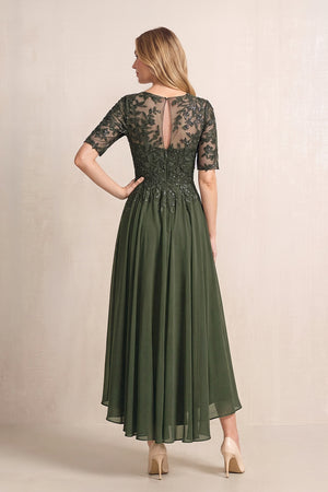 Olive Illusion Neck A-Line Chiffon Lace Midi Mother of the Bride Dress with Half Sleeves (2) | KISSBRIDAL