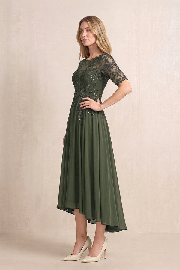 Olive Illusion Neck A-Line Chiffon Lace Midi Mother of the Bride Dress with Half Sleeves (3) | KISSBRIDAL