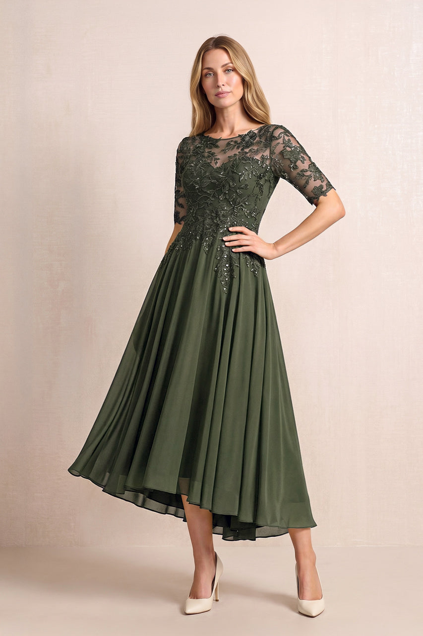 Olive Illusion Neck A-Line Chiffon Lace Midi Mother of the Bride Dress with Half Sleeves