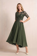 Olive Illusion Neck A-Line Chiffon Lace Midi Mother of the Bride Dress with Half Sleeves | KISSBRIDAL