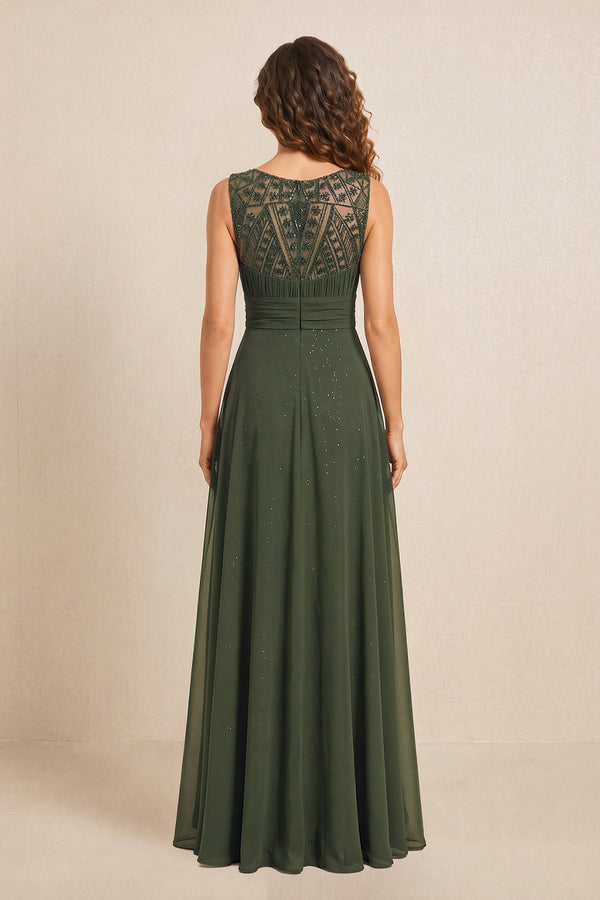 Olive Illusion Neck A-Line Satin Embroidered Pleated Mother of the Bride Dress (2) | KISSBRIDAL