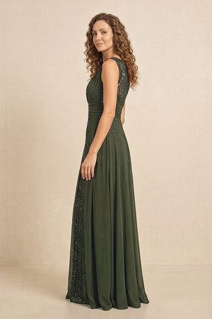 Olive Illusion Neck A-Line Satin Embroidered Pleated Mother of the Bride Dress (3) | KISSBRIDAL