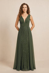 Olive Illusion Neck A-Line Satin Embroidered Pleated Mother of the Bride Dress | KISSBRIDAL