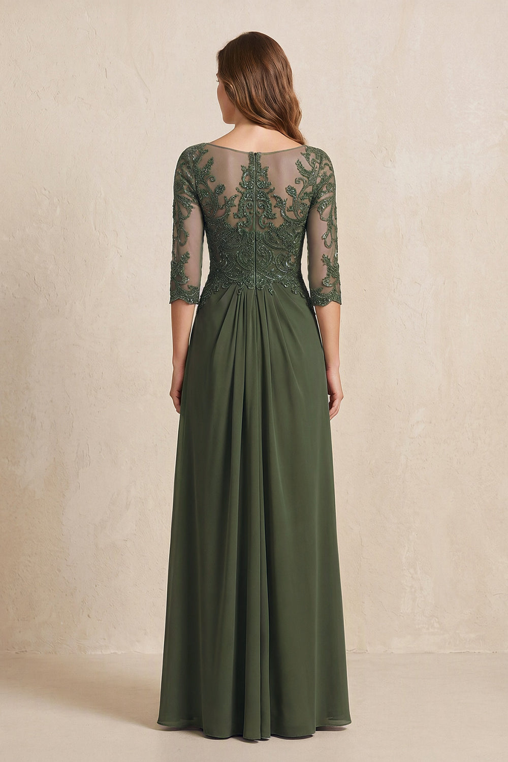 Olive Illusion Neck Sheath Embroidered Chiffon Mother of the Bride Dress with Half Sleeves