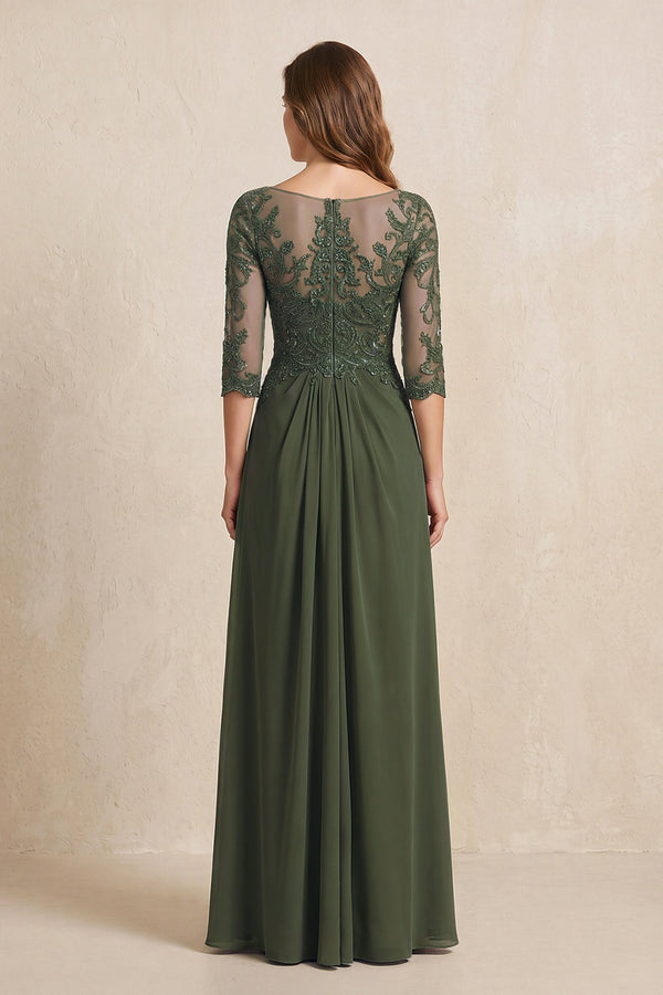 Olive Illusion Neck Sheath Embroidered Chiffon Mother of the Bride Dress with Half Sleeves (2) | KISSBRIDAL