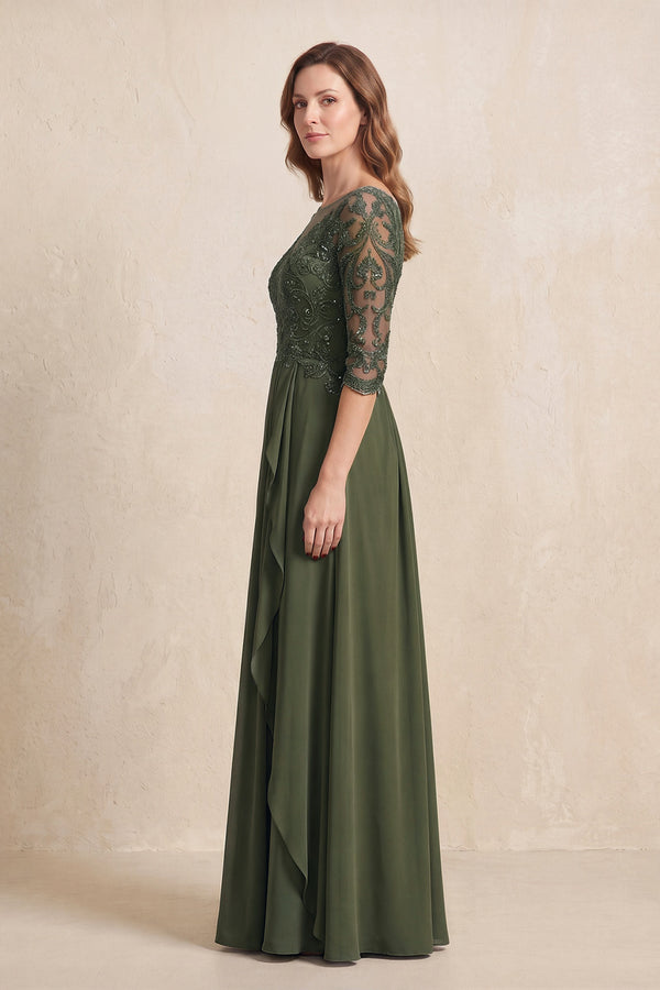 Olive Illusion Neck Sheath Embroidered Chiffon Mother of the Bride Dress with Half Sleeves (3) | KISSBRIDAL