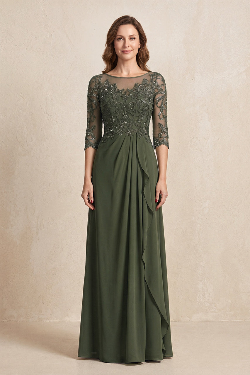 Olive Illusion Neck Sheath Embroidered Chiffon Mother of the Bride Dress with Half Sleeves