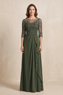 Olive Illusion Neck Sheath Embroidered Chiffon Mother of the Bride Dress with Half Sleeves | KISSBRIDAL
