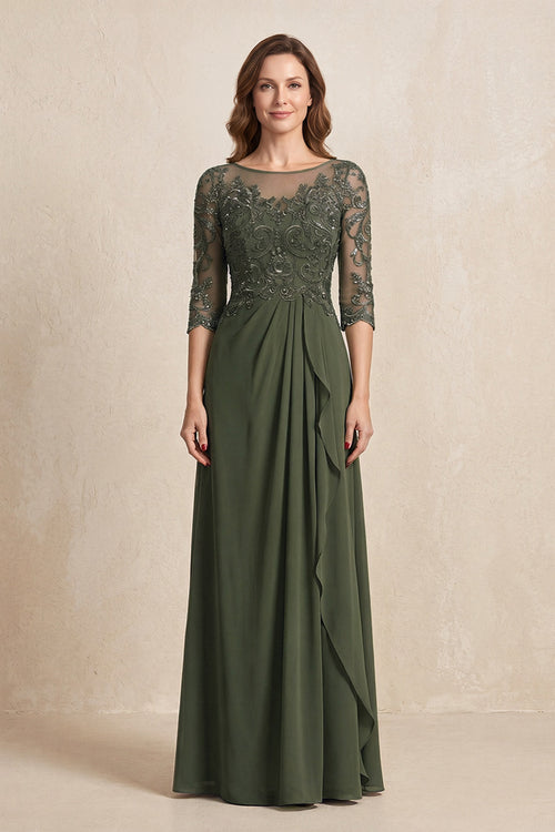 Olive Illusion Neck Sheath Embroidered Chiffon Mother of the Bride Dress with Half Sleeves | KISSBRIDAL