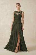 Olive Lace A-Line Bateau Neck Chiffon Long Bridesmaid Dress | KISSBRIDAL
