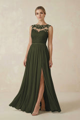 Olive Lace A-Line Bateau Neck Chiffon Long Bridesmaid Dress | KISSBRIDAL