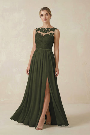 Olive Lace A-Line Bateau Neck Chiffon Long Bridesmaid Dress | KISSBRIDAL