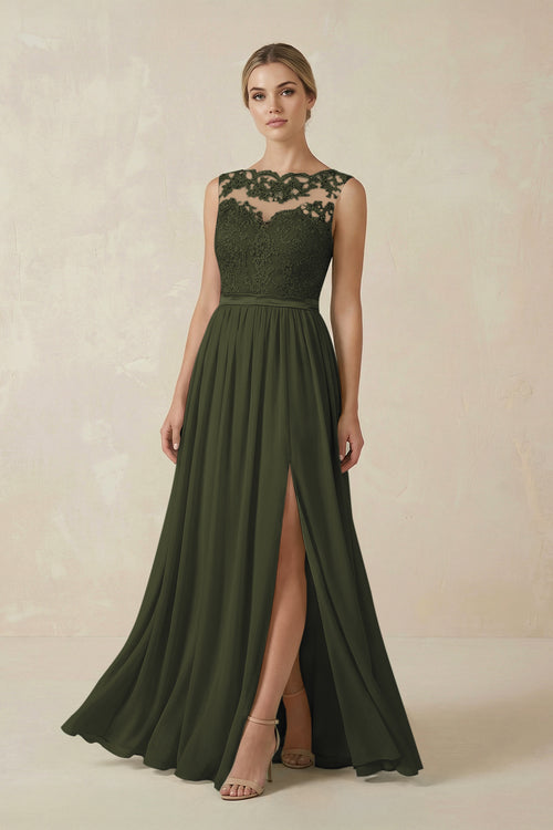 Olive Lace A-Line Bateau Neck Chiffon Long Bridesmaid Dress | KISSBRIDAL